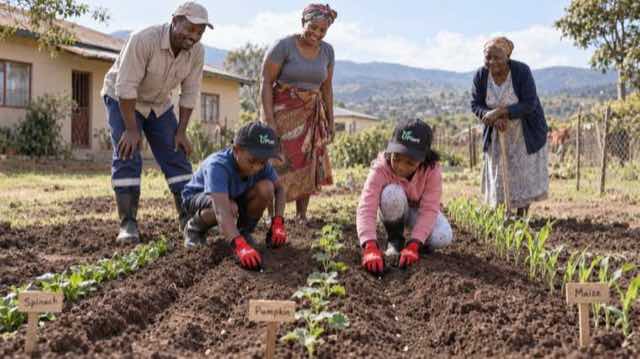 A family works together in a household vegetable garden.