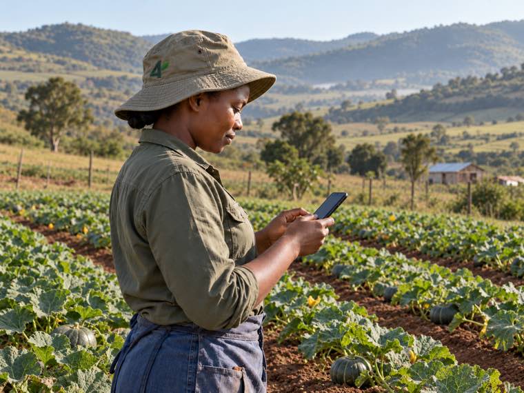 A farmer uses her phone while working in a pumpkin field.
