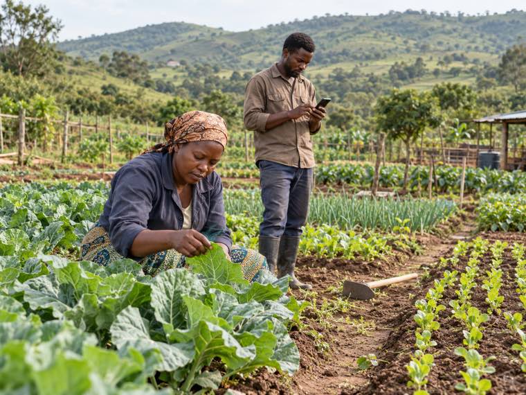 Farmers inspect growing vegetables and record their work on a phone.